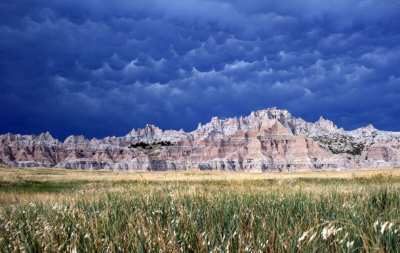 Stunning rock formats jut out of the ground at Badlands National Park in South Dakota