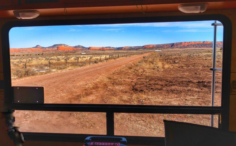View of New Mexico desert boondocking area from RV window