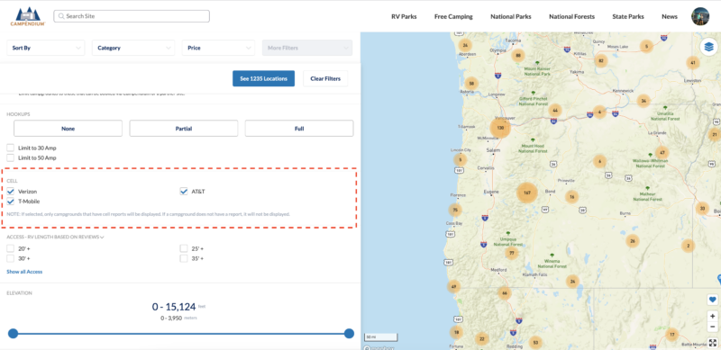 This image shows the location of cellular filtering on the Campendium search results page.
