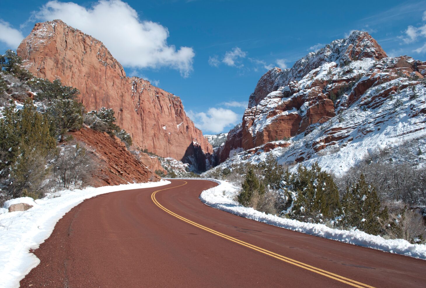Snow on the side of the roadway at Zion National Park