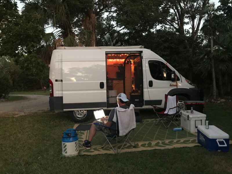 Campers enjoy a cool evening at their campsite