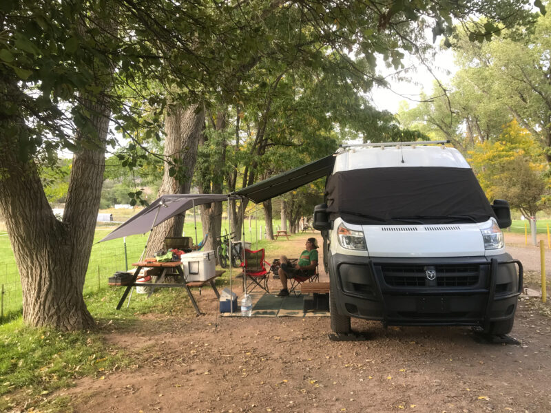 A Class B campervan parks beneath trees that provide ample shade for their rig