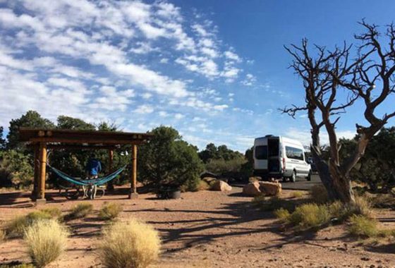 a sprinter van parked at willow flat campground in canyonlands national park