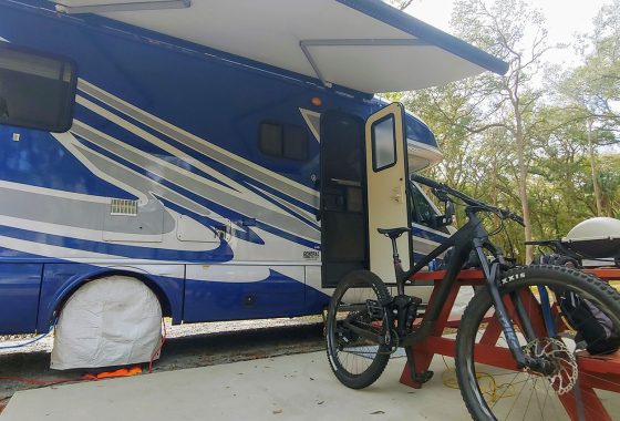 bicycle in front of an RV