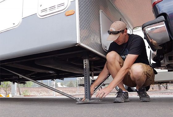 Jared putting down the jacks of his RV