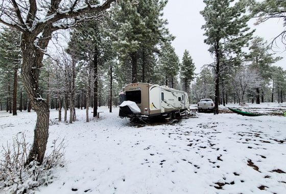 RV and truck parked in the snow out in the woods.