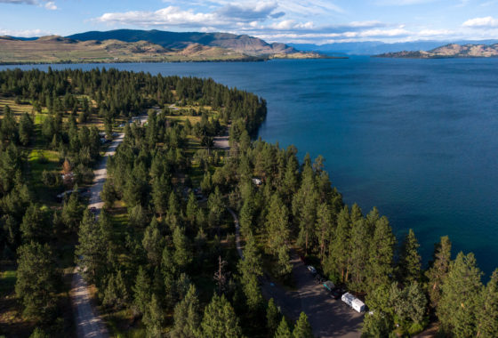 Aerial view of lakeside campground