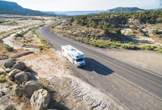 RV pulled to the side of the road in Colorado along the Grand Mesa Scenic Byway