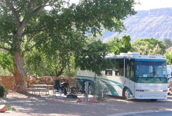 Large motorhome parked at a campground outside of Zion National Park