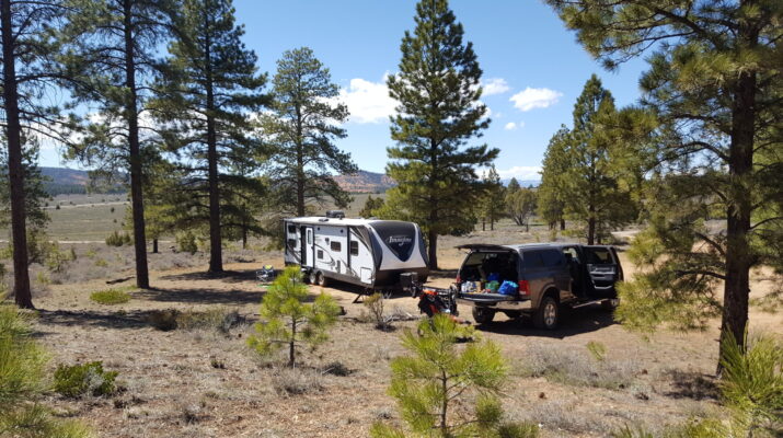 Trailer parked in dispersed camping site