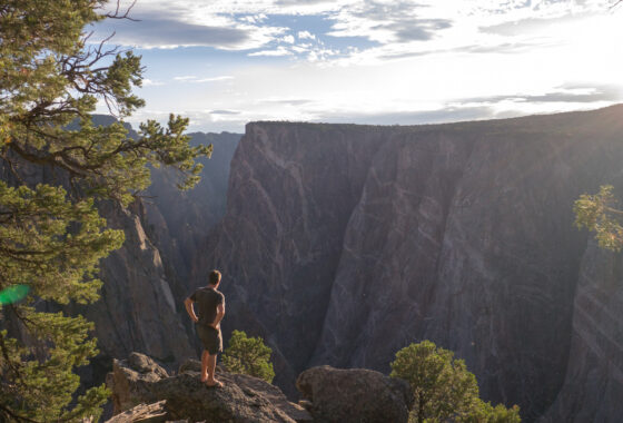 a person stands on the edge of a large canyon