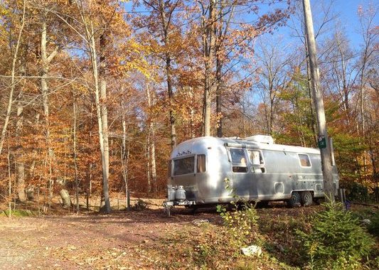an Airstream in the foliage of a PA RV park